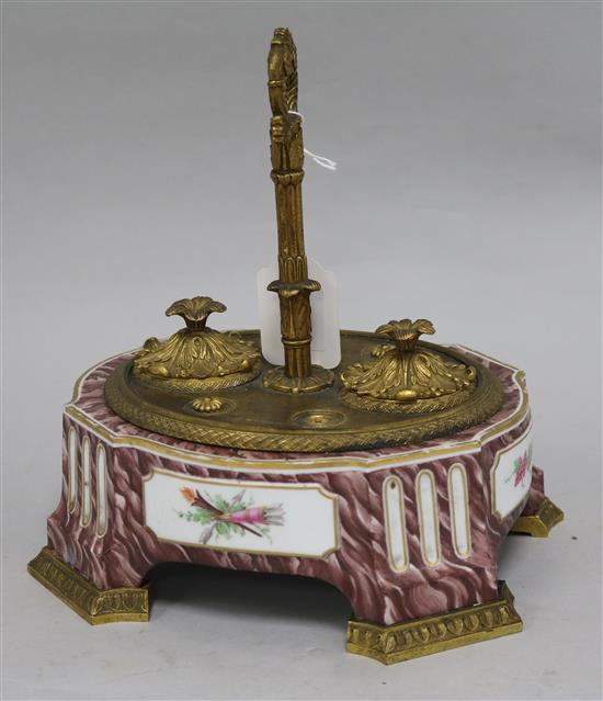 A French gilt metal mounted porcelain inkstand